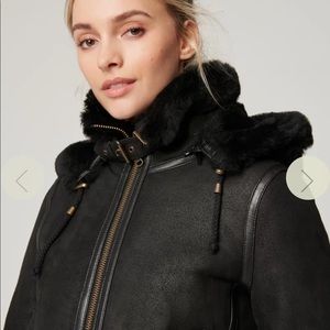 Overland shearling bomber w/detachable hood